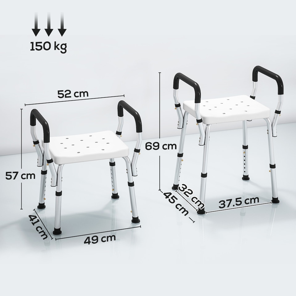 image 1 of HOMCOM Portable Shower Stool, Non-Slip Shower Chair with Adjustable Height, Rust-Free Aluminium Bath Chair for Elderly, Disabled, White
