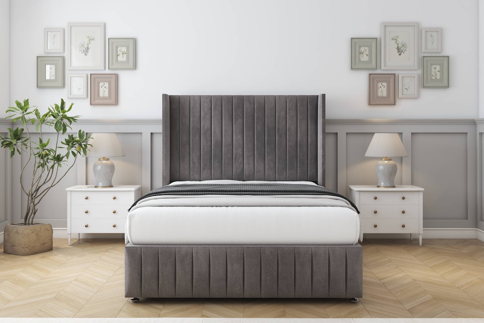 image 1 of Sloomy Marlborough Slate Naples Divan Bed With Mattress No Drawers With 54" Wingback Headboard & 12" Matching Footboard 2'6 Small Single | Grey | Slate | Small Single | 1