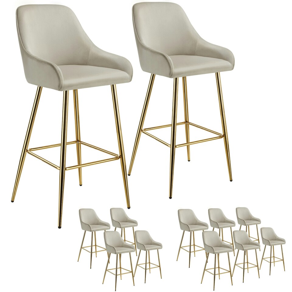 image 1 of Bar Stool Avane - with backrest, upholstered, velvet look - Set of 6 Cream | Gold