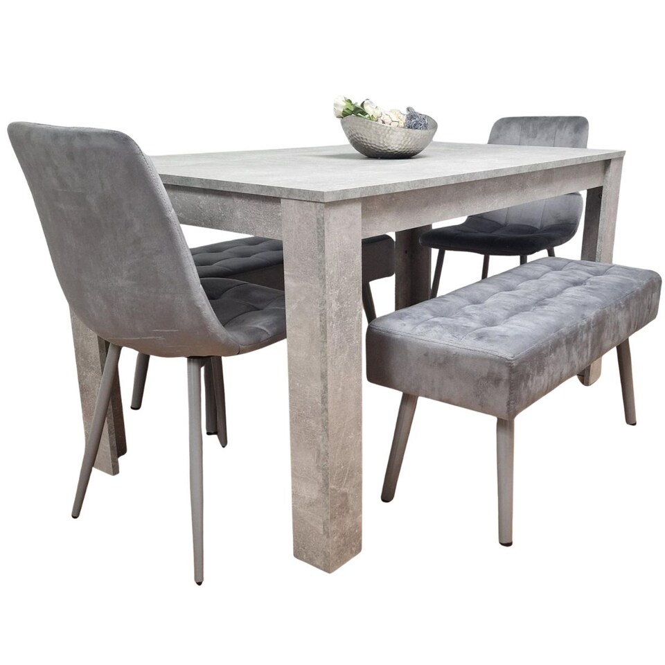 image 1 of Grey Wooden Dining Table Set with 2 Chairs and 2 Benches Dining Kitchen Furniture