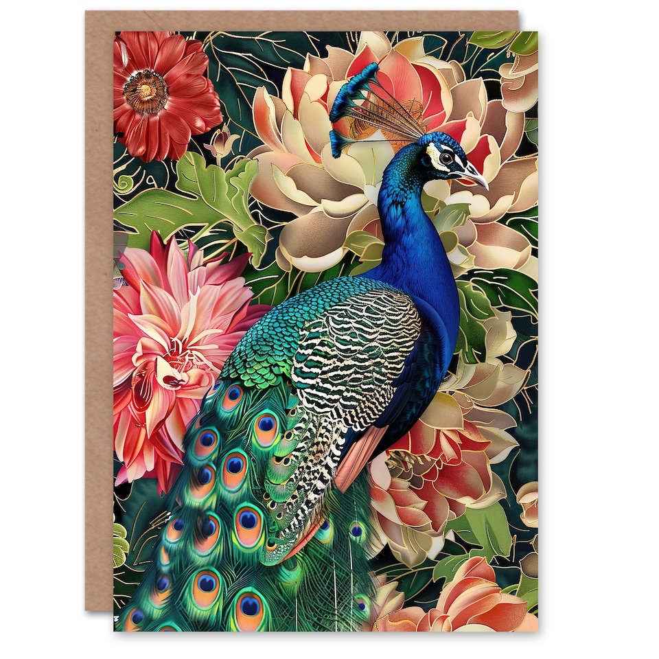 image 1 of Peacock Bird with Flower Pattern Stylised Design Birthday Card