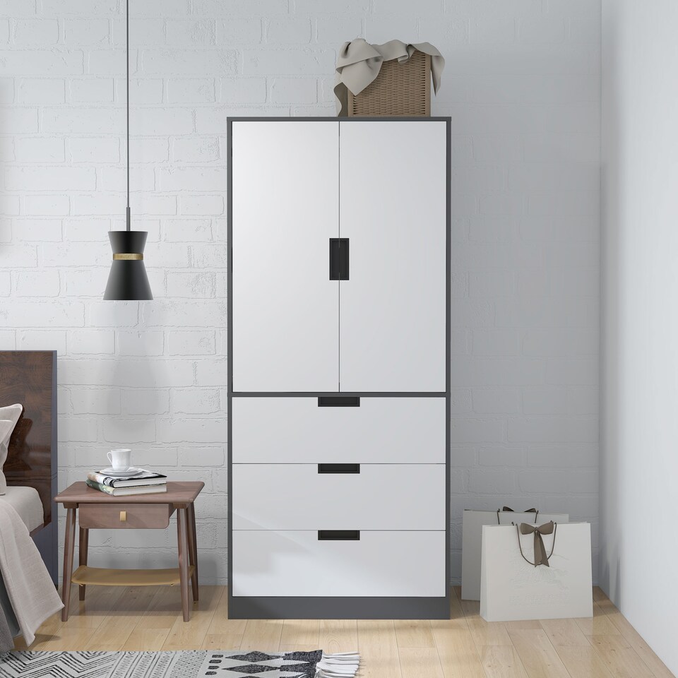 image 1 of HOMCOM 3 Drawer 2 Door Wardrobe, Modern Clothes Storage Cupboard Unit with Hanging Rod, Bedroom Wardrobe with Soft Closing Hinge, 50D x 80W x 180Hcm, Grey