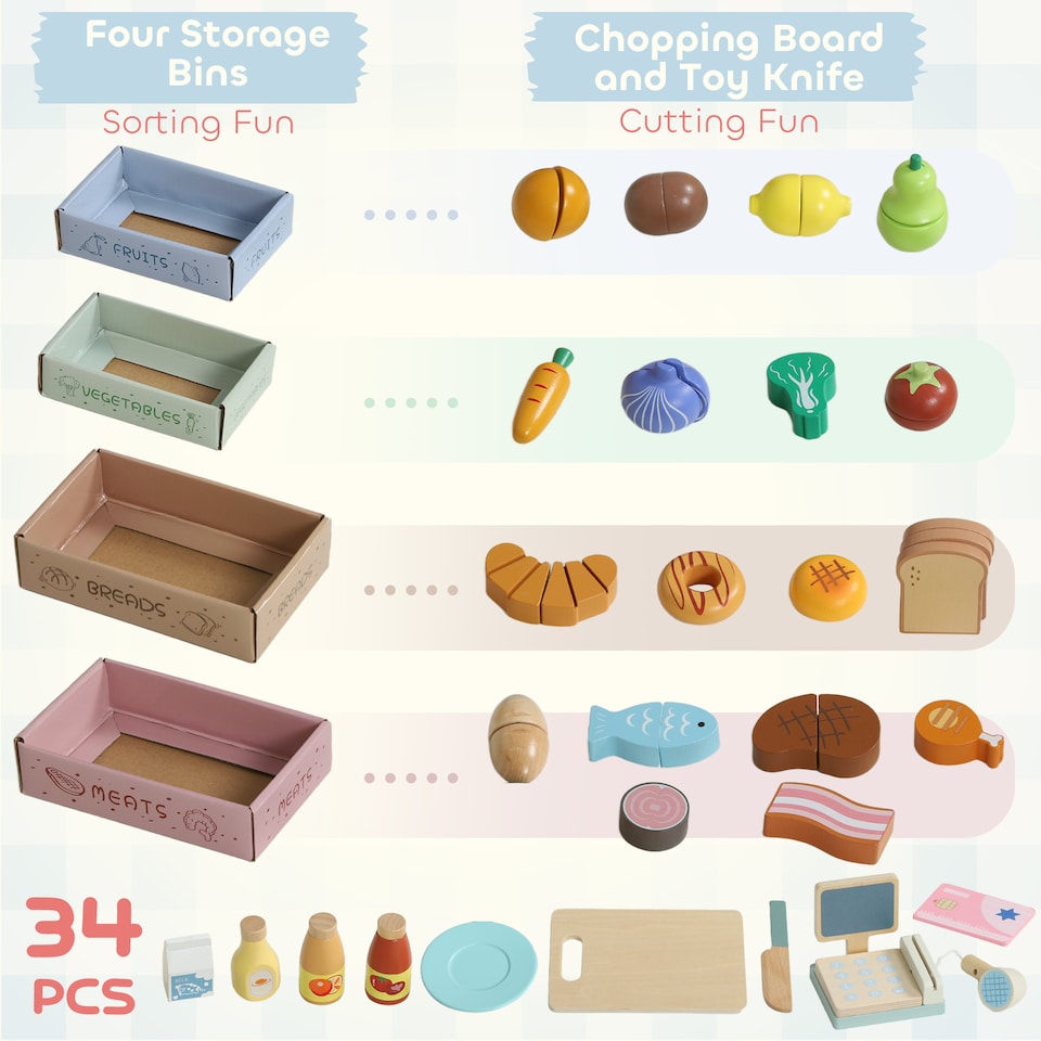 image 1 of AIYAPLAY Wooden Toy Shop, Supermarket Role Play with 34 Accessories, Green