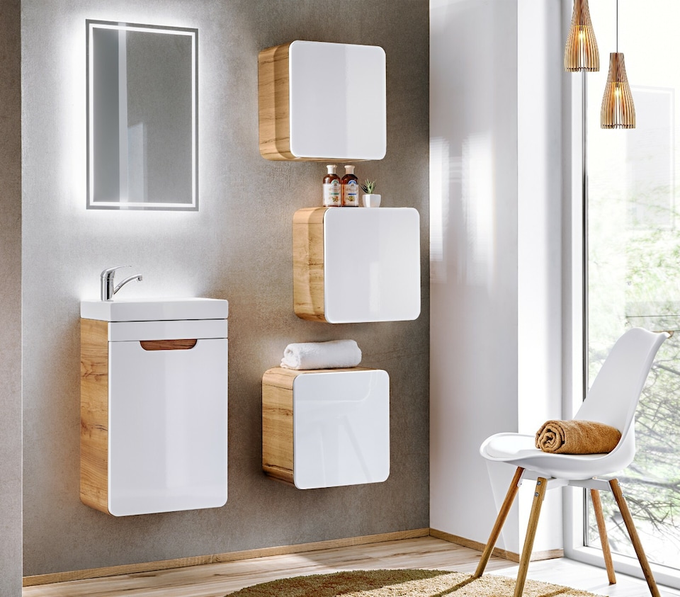 image 1 of Small Bathroom Cabinet Wall Mounted Cube Unit Set of 3 Floating Storage Shelf Boxes Designer White Gloss Oak Handleless Arub