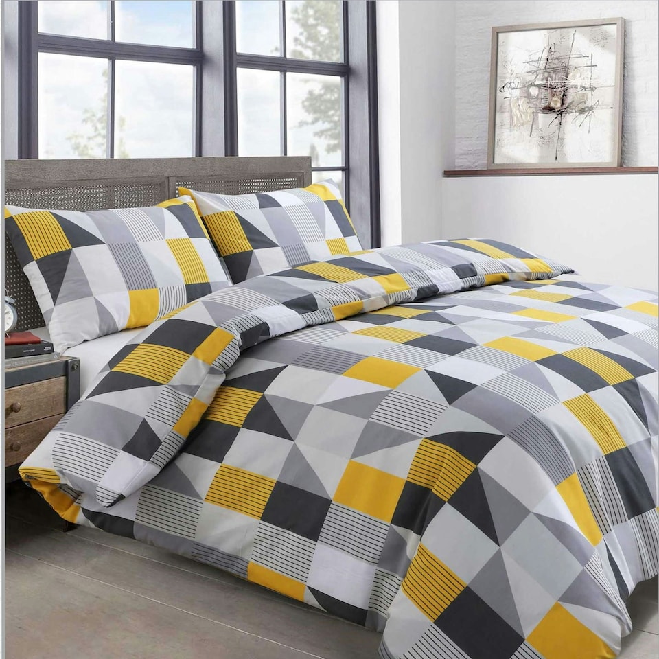 image 1 of Velosso Jazz Printed Cotton Blend Duvet Cover and Pillowcase Set | Yellow | Double