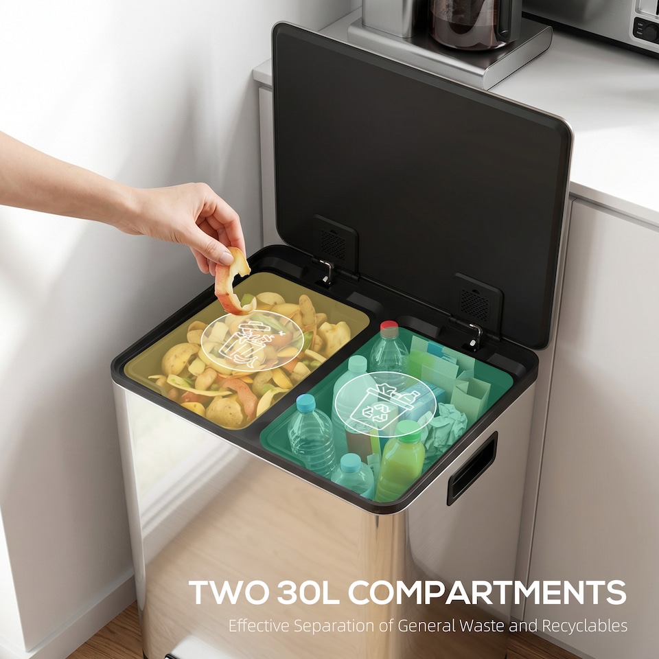 image 1 of HOMCOM 2 x 30L Double Kitchen Bin, Pedal Bin with Soft-Close Lid, Silver