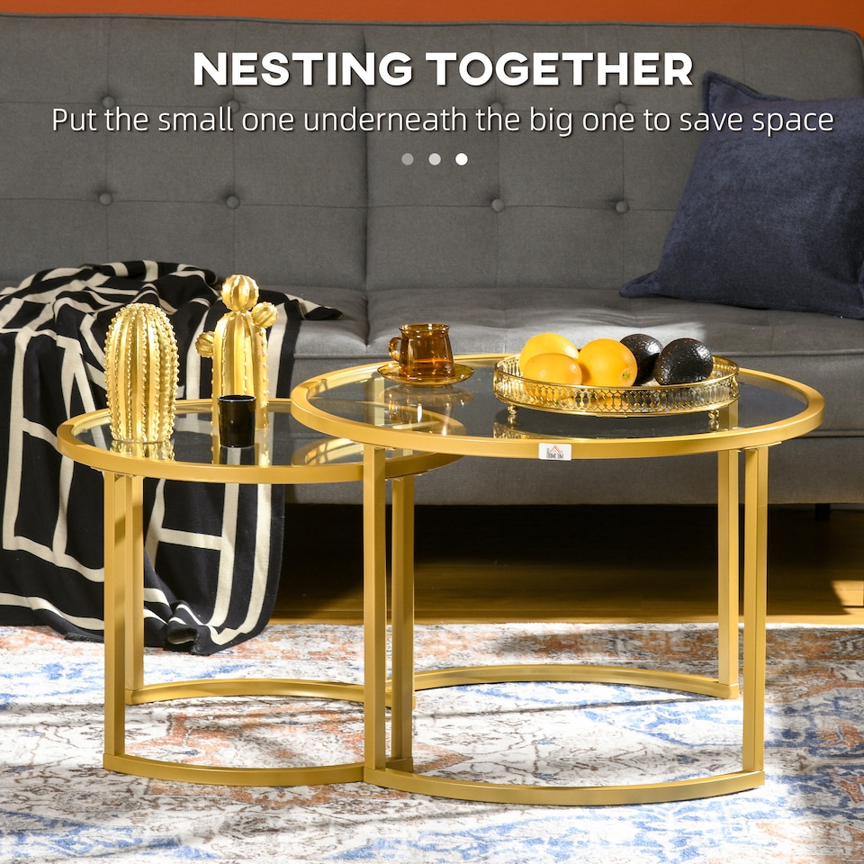 image 1 of HOMCOM Coffee Table Set of 2, Modern Nest of Tables with Tempered Glass Top, Steel Frame for Living Room, Gold Tone | Gold