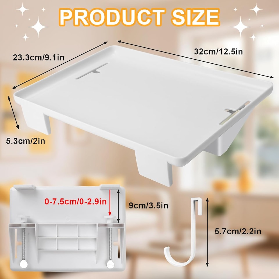 image 1 of Bedside Shelf for Bunk Beds & Bed Frames - Floating Bedside Tray with 4 Hooks, No-Drill Installation - Ideal for Dorm Rooms, Kids Rooms & Small Spaces (White)