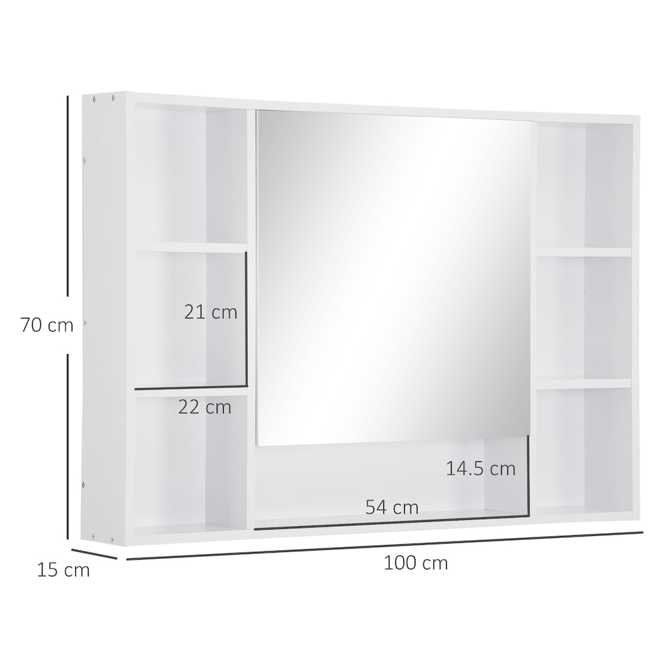 image 1 of kleankin Wall Mounted Medicine Cabinet, 100cm W x 70cm H Bathroom Mirror Cabinet with Single Mirrored Door, Shelves and Storage Cupboard, White | White | White
