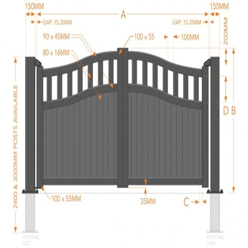 image 1 of Double Swing Gate 3000x2000mm Black - Vertical Solid Infill and Bell-Curved Top Full Privacy Driveway Gate Black