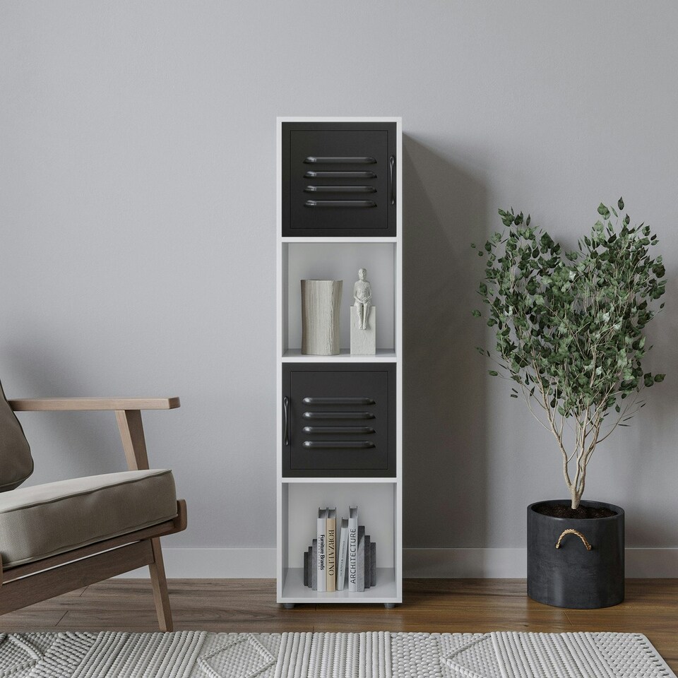 image 1 of 4 -Cube Tall Shelving Unit With Metal Doors Brown | Brown / Black