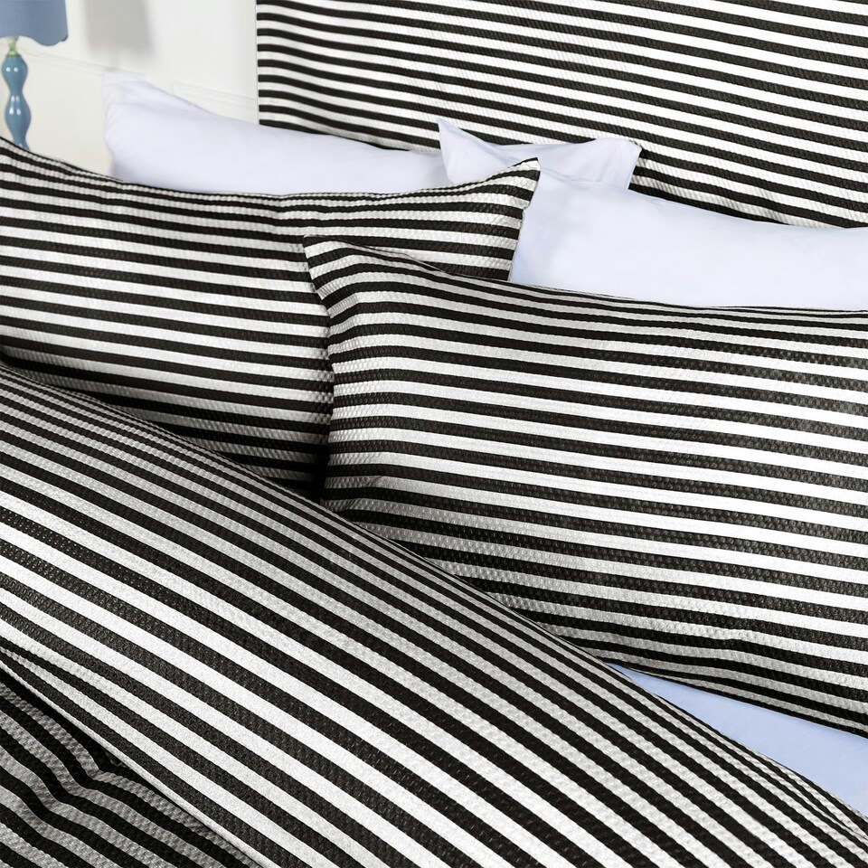 image 1 of OHS Stripe Embossed Soft Cosy Plush Plump Duvet Cover and Pillowcase Bedding Set Black | Black/Off White | Double