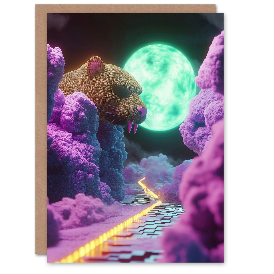 image 1 of Sci Fi Fantasy Landscape Large Rat Neon Moon Birthday Greeting Card