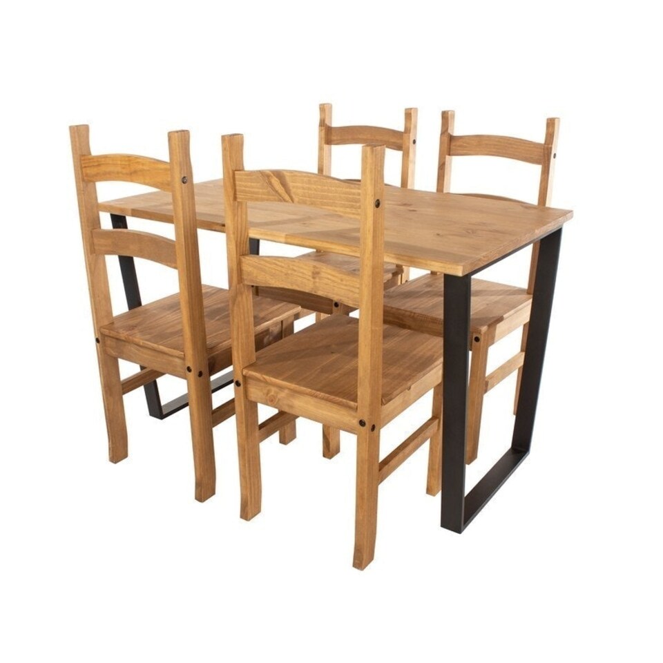 image 1 of Texas Rectangular Dining Table with Metal Legs and 4 Corona Dining Chairs - Antique Waxed Pine/Black Brown