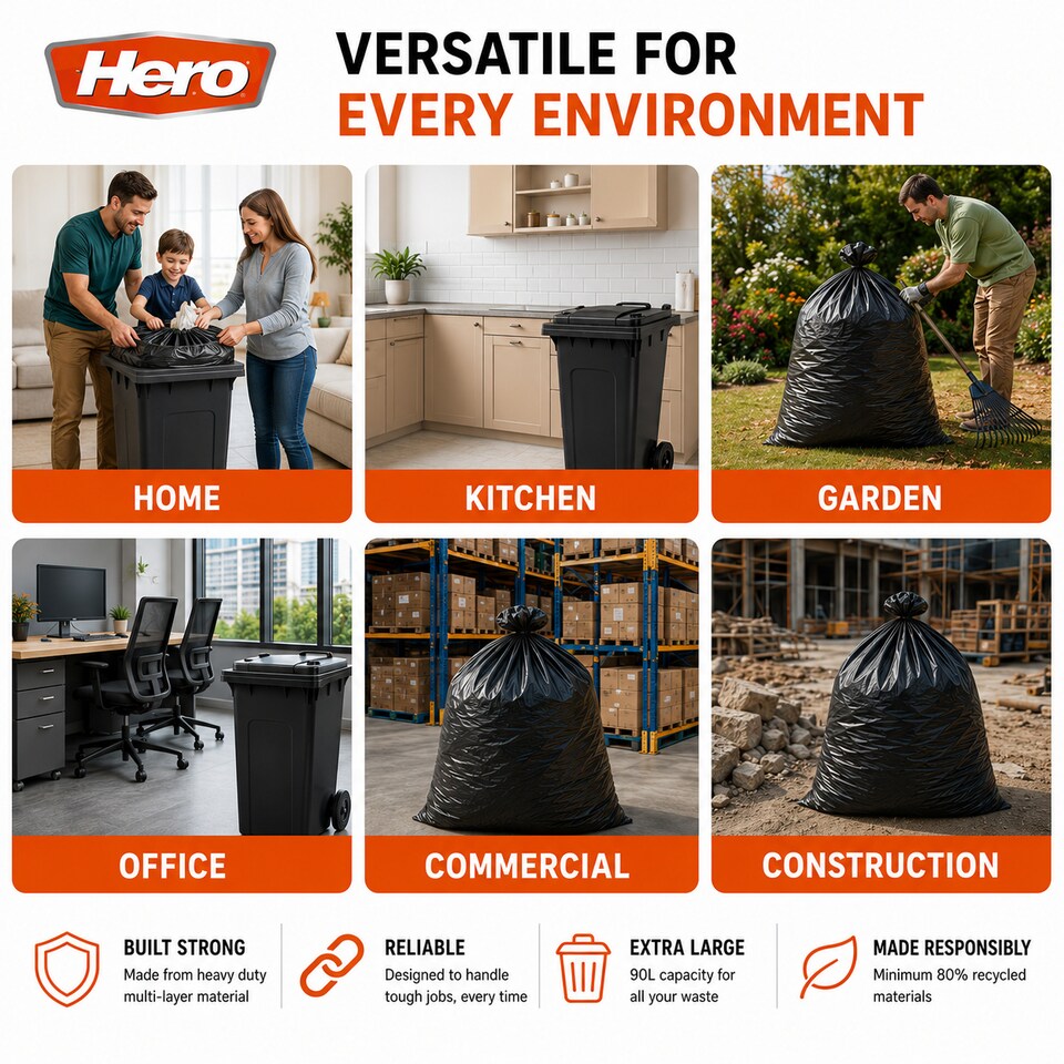 image 1 of Hero 90L Extra Heavy Duty Black Bin Bags – Strong Refuse Sacks | 12 Bags per Roll for Household, Garden & Commercial Use