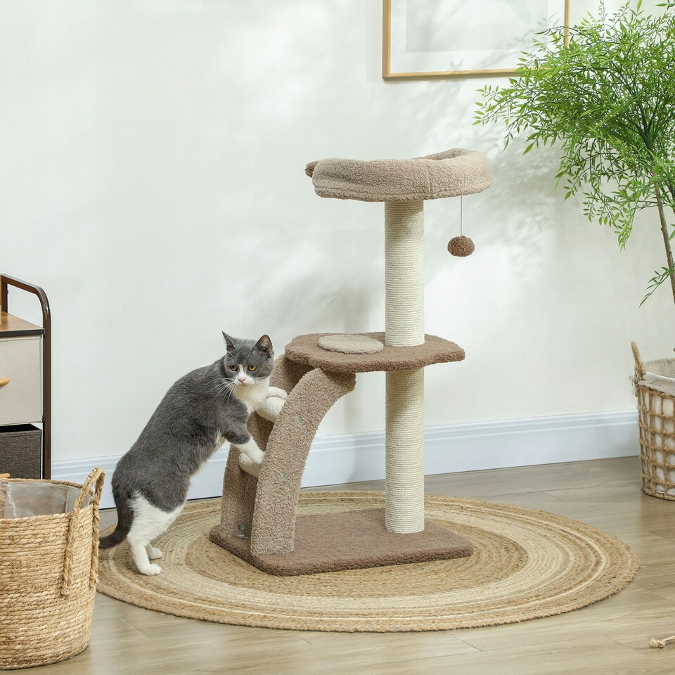 image 1 of PawHut Cat Tower with Sisal Scratch Post, Ball, Perch, Stairs, 88cm, Brown