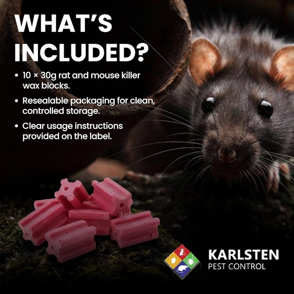 image 1 of Karlsten Rat & Mouse Killer Blocks 300g - All-Weather Wax Bait with Difenacoum for Rodent Control