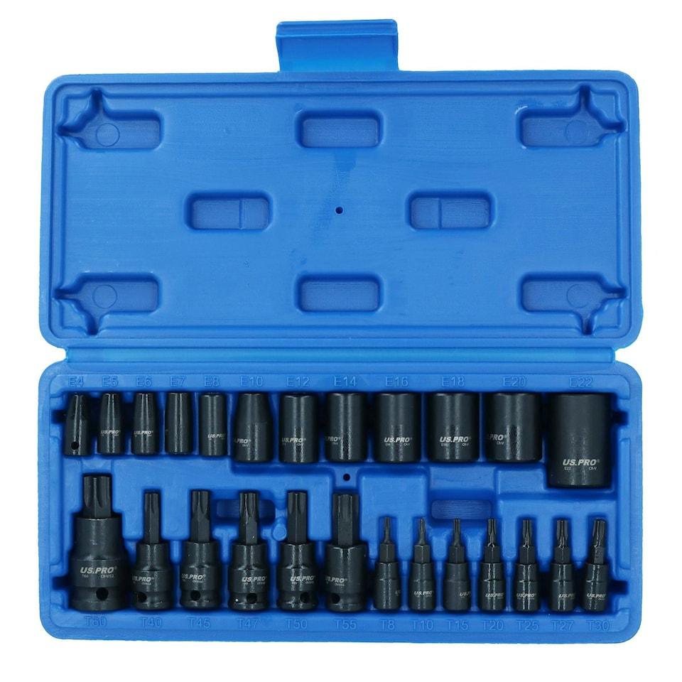 image 1 of 25pc Male + Female Impacted Impact Torx Star E Sockets T8 - T60 + E4 - E22