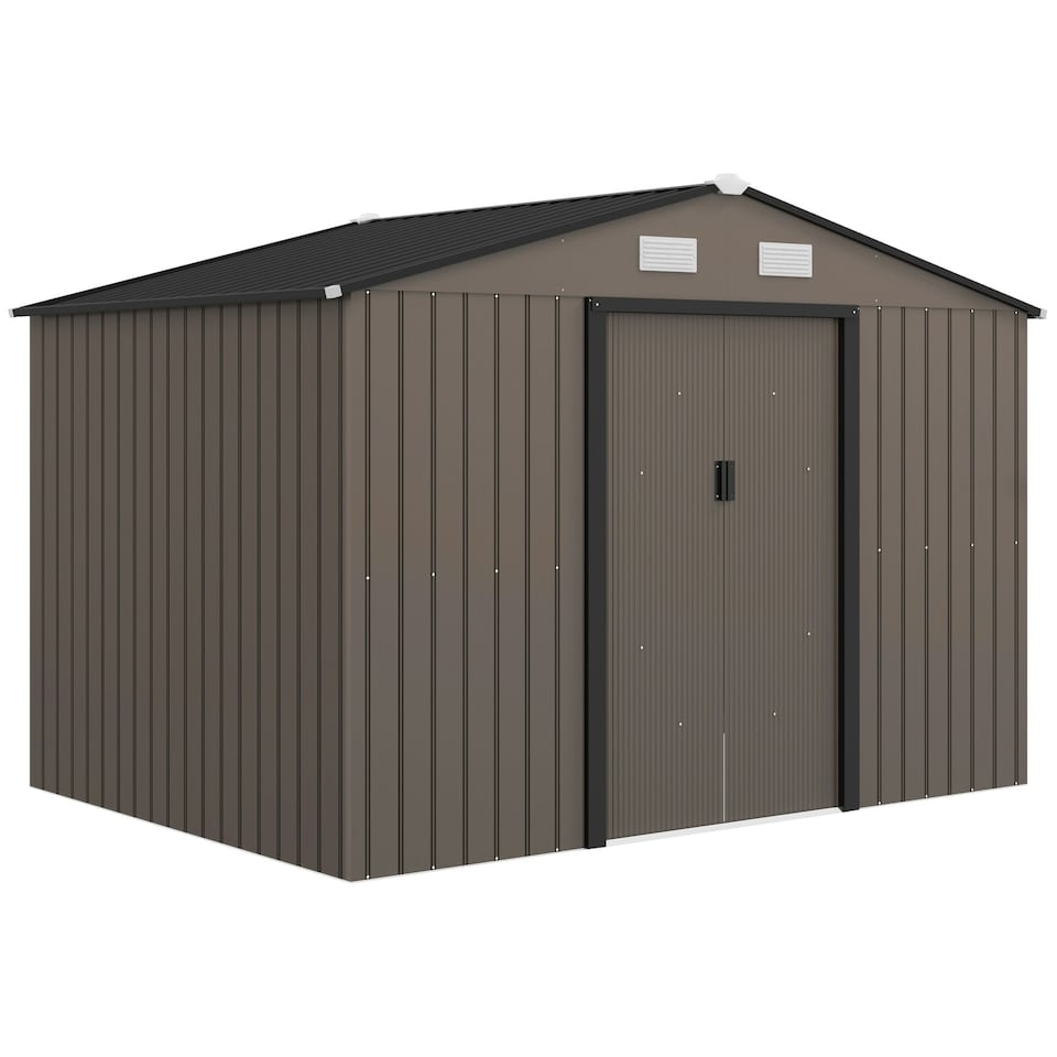 image 1 of Outsunny 9 x 6FT Galvanised Garden Storage Shed with Sliding Door, Brown
