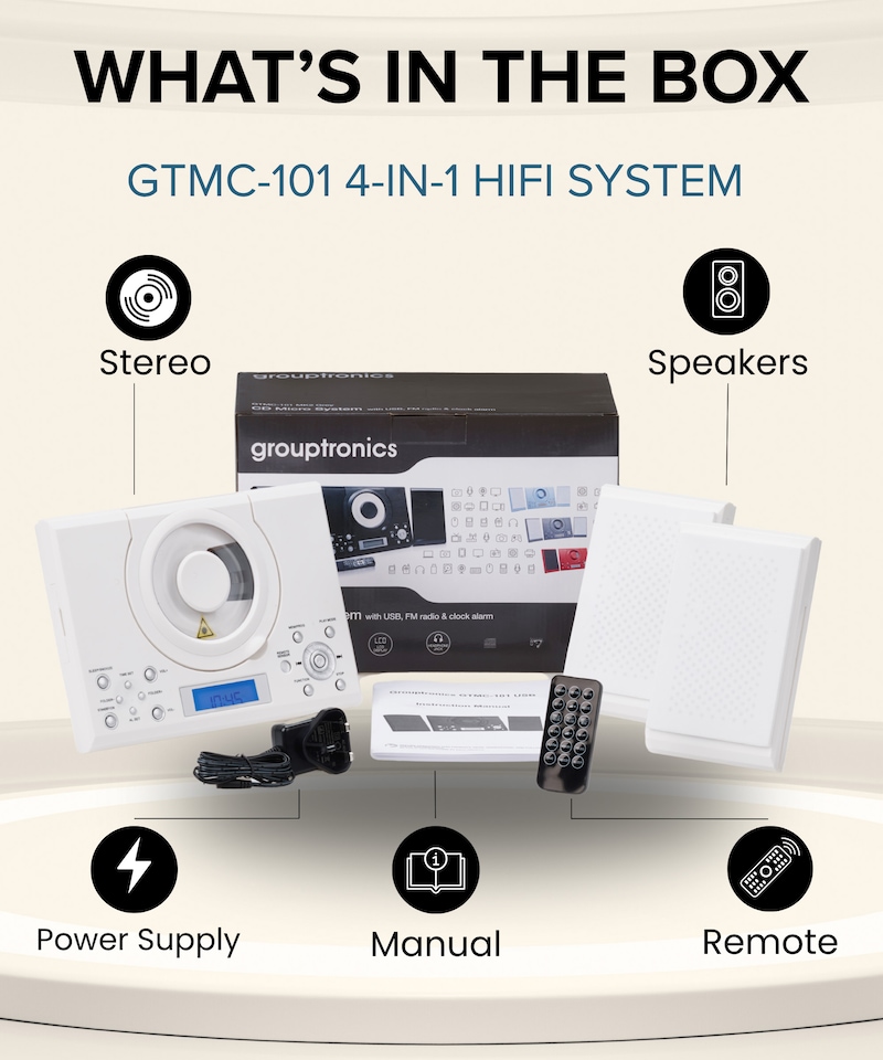 image 1 of CD Player with Speakers - HiFi System for Home with Radio, USB, MP3, Clock Alarm & Remote - Compact Stereo System with Wall Mount Design - Small CD Players for Home - GTMC-101