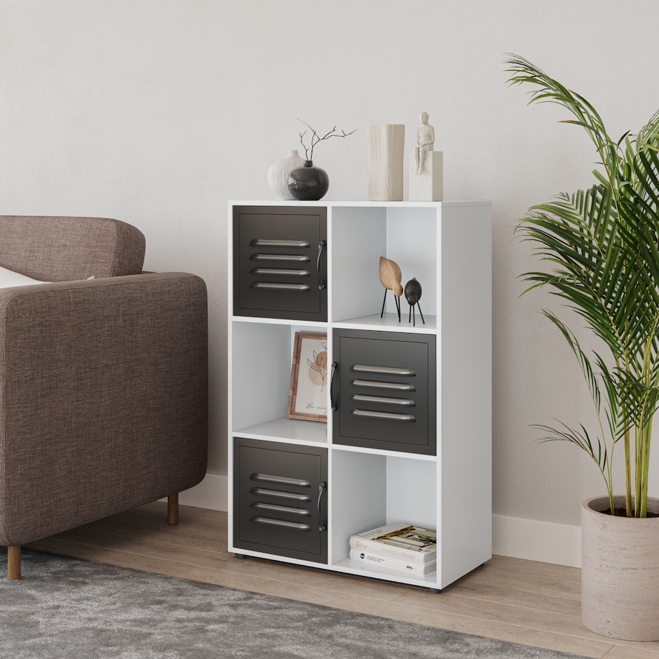 image 1 of 6-Cube Shelving Unit With Metal Doors | White | White & Black | 1