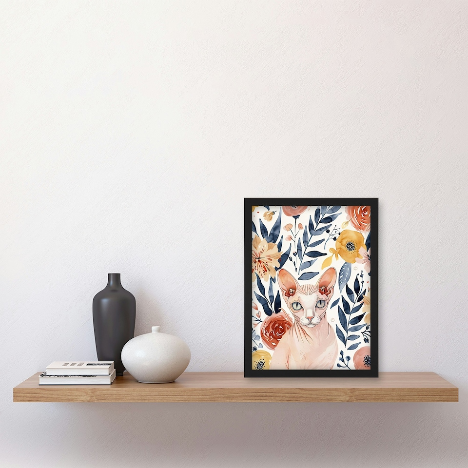 image 1 of Sphynx Cat Lover Floral Watercolour Portrait Black Framed Wall Art Print A4