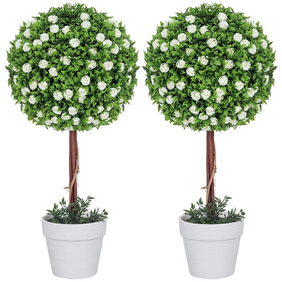 image 1 of HOMCOM Set of 2 Artificial Plants with Rose Flower in Pot, 60cm, White