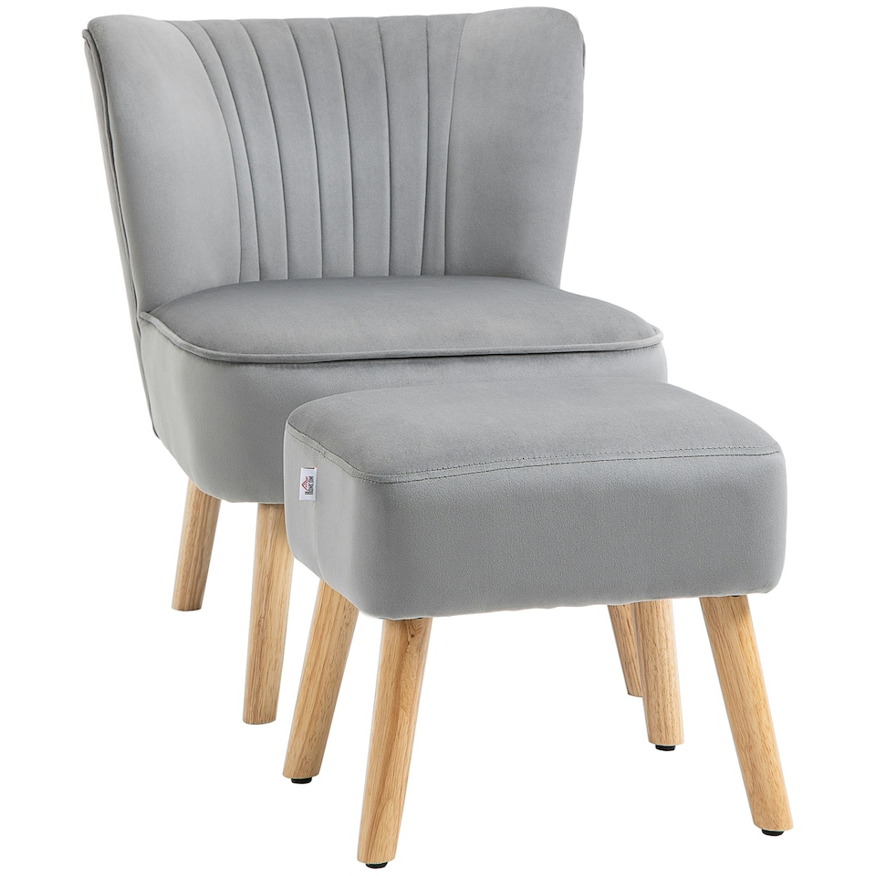 image 1 of HOMCOM Velvet-Feel Accent Chair w/ Ottoman Tub Seat Padding Wood Legs Light Grey