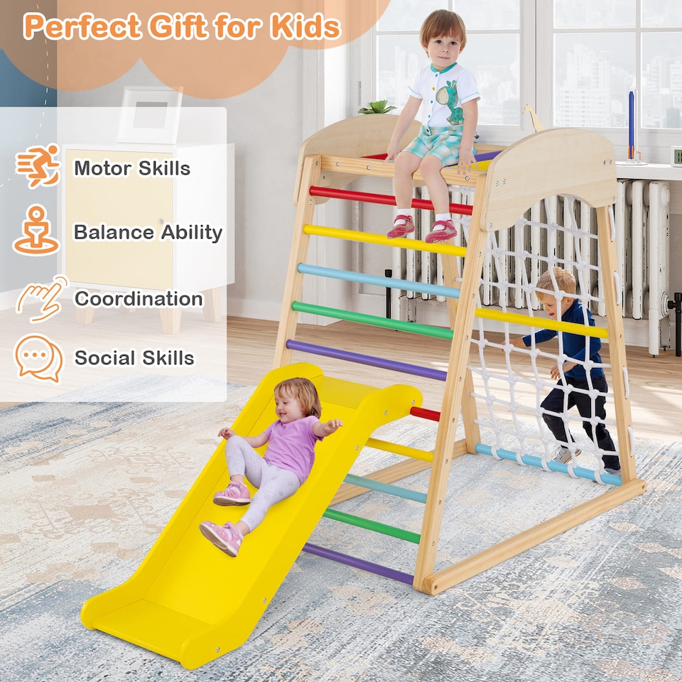 image 1 of COSTWAY 4-in-1 Jungle Gym Wooden Indoor Toddler Playground Slide-Colorful