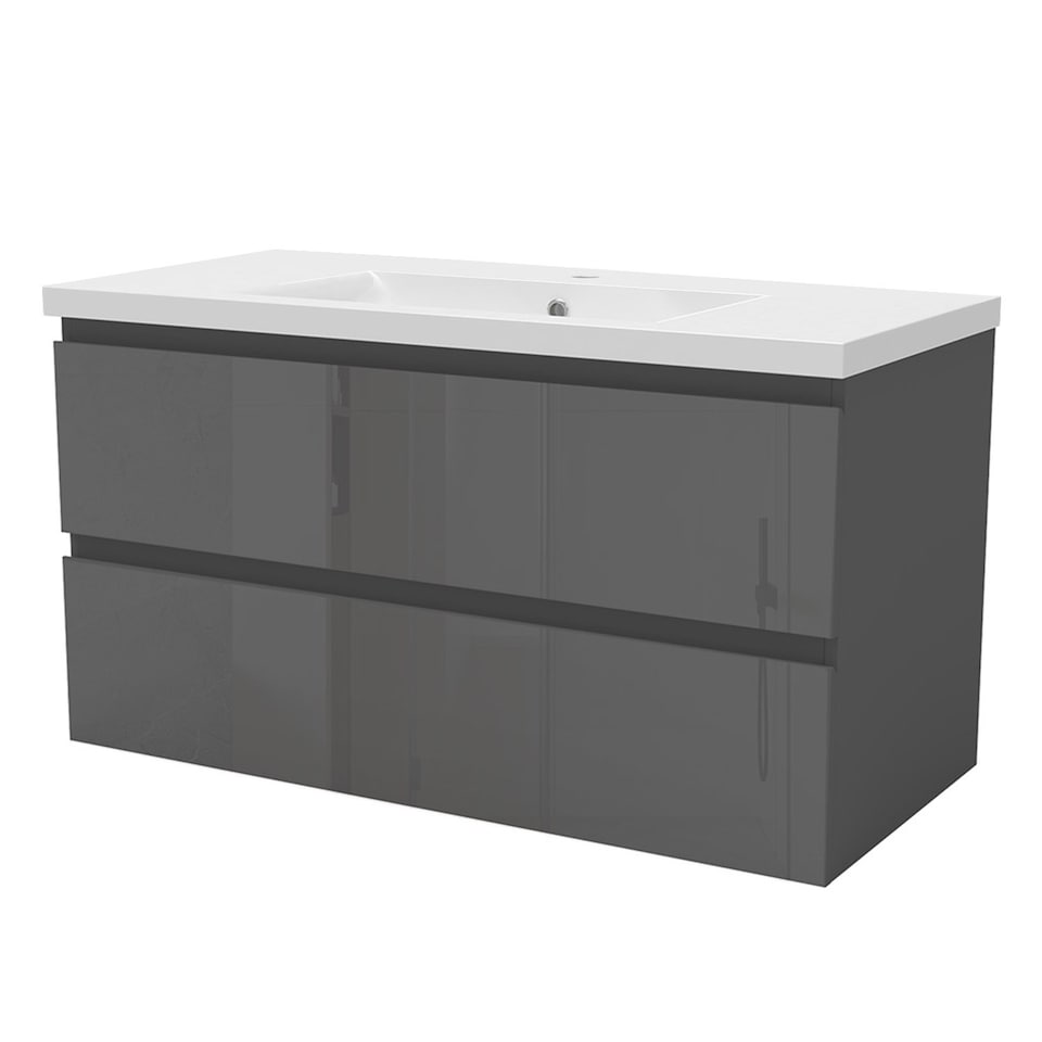 image 1 of AICA 1000mm Wall-Hung Gloss Anthracite Bathroom Vanity Unit With Integrated Sink,2 Soft-Close Drawers for Storage