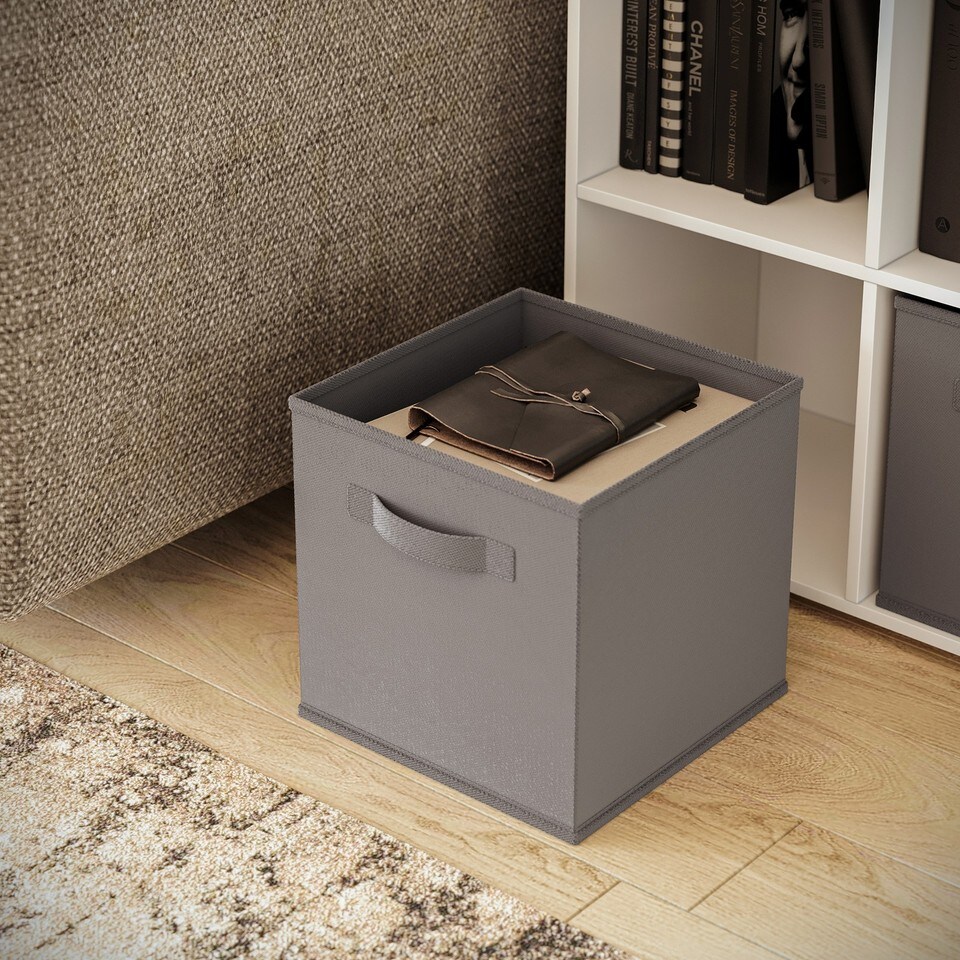 image 1 of Asymmetrical 8 White Cube Bookcase Shelf Storage Unit with 3 Fabric Drawer Inserts | Multi | White & Grey Drawer | 1