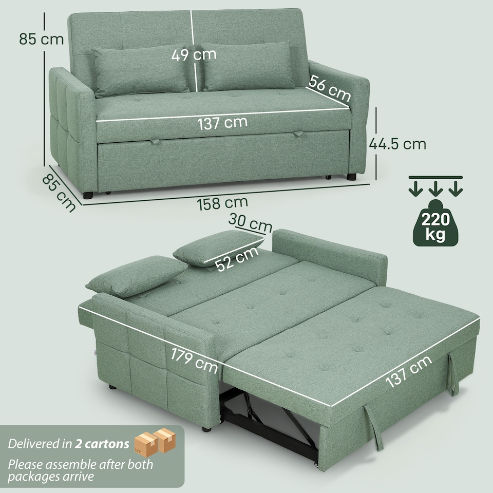 image 1 of HOMCOM 2 Seater Sofa Bed, Convertible Pull Out Bed Settee, Light Green