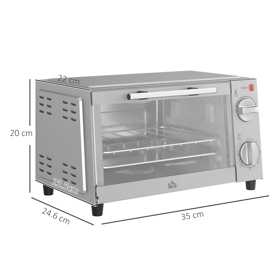 image 1 of HOMCOM Mini Oven, 9L Countertop Electric Grill, Toaster Oven with Adjustable Temperature, Timer, Dishwasher Safe Baking Tray and Wire Rack, 750W, Silver