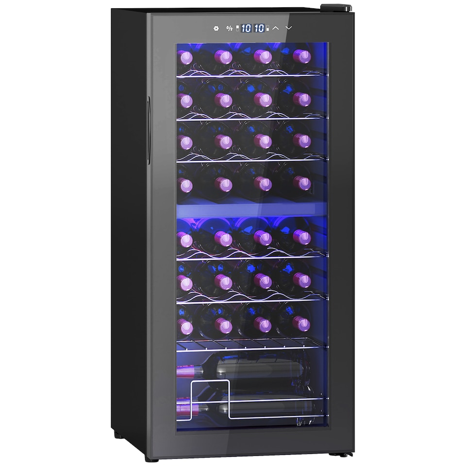 image 1 of HOMCOM 86L Freestanding Wine Cooler with UV-resistant Tempered Glass Door, 32 Bottles Dual Zone Wine Fridge with Adjustable Temperature Control, Digital Touch Screen, Black | Black