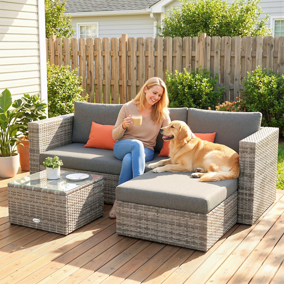 image 1 of Outsunny 3 PCS Outdoor PE Rattan Chaise Lounge Furniture Sofa Set w/ Cushions