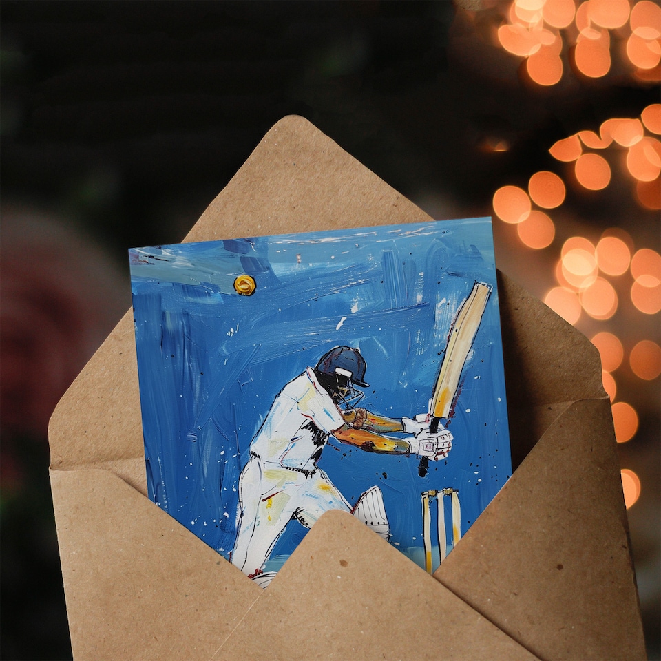 image 1 of Cricket Player Sport Batsman Wicket Painting Good Luck Card