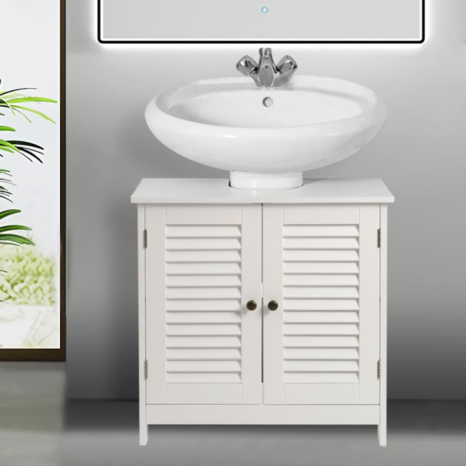 image 1 of Living and Home Under Sink Bathroom Cabinet with 2 Shutter Doors White
