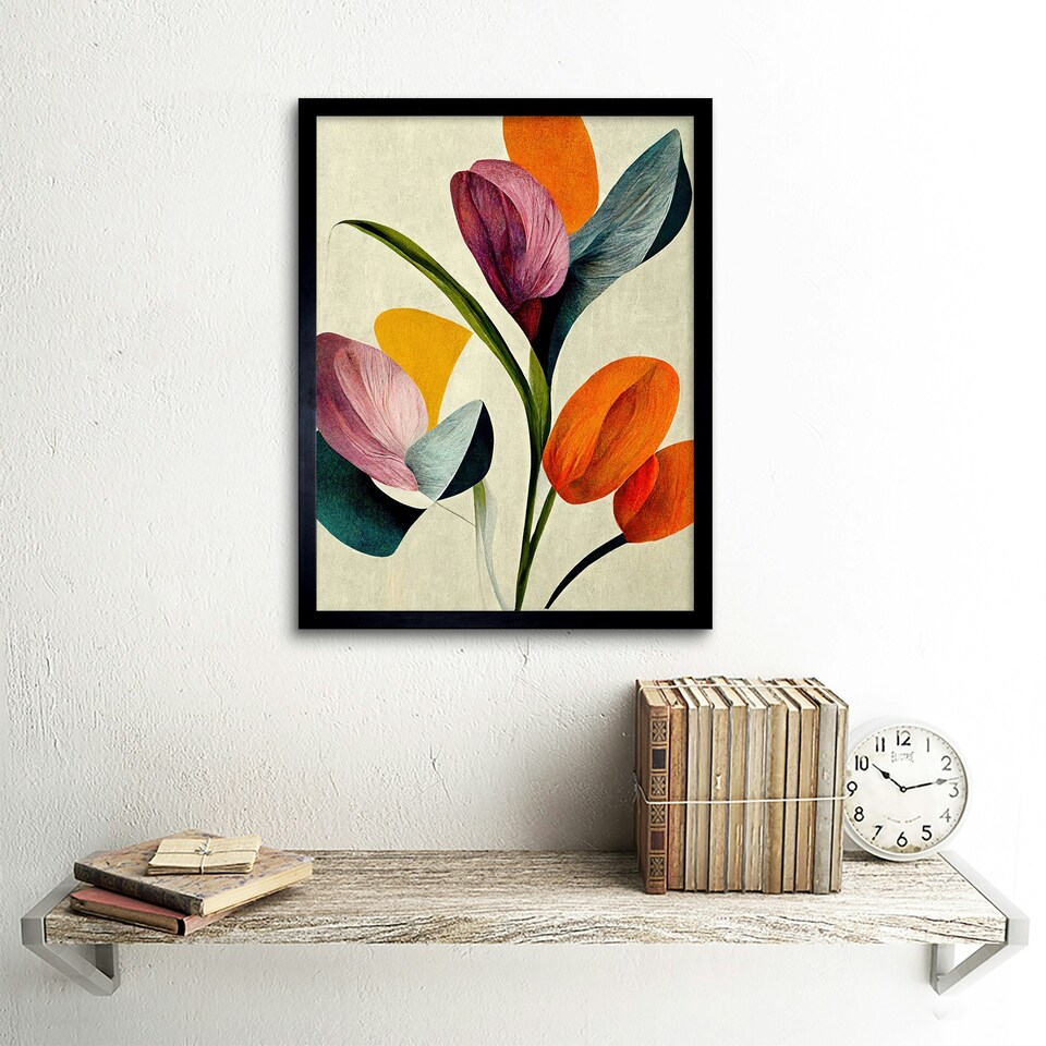 image 1 of Spring Flowers Floral Bouquet Bold Boho Coral Mustard Framed Wall Art Print