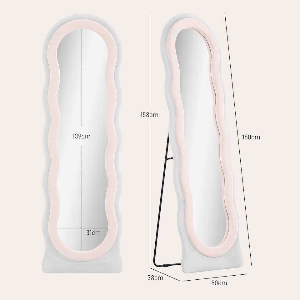 image 1 of HOMCOM Irregular Wavy Mirror Full Length, 160  50cm Free Standing, Leaning or Wall Mirror with Velvet Wrapped Frame and Arched Top for Living Room, Bedroom, White and Pink