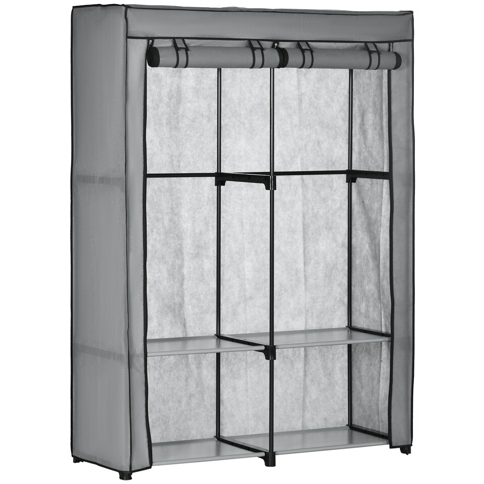 image 1 of HOMCOM Fabric Wardrobe, Portable Fabric Cabinet, Foldable Coat Rack with 4 Shelves, 2 Hanging Rails, 118 x 49 x 170 cm, Light Grey