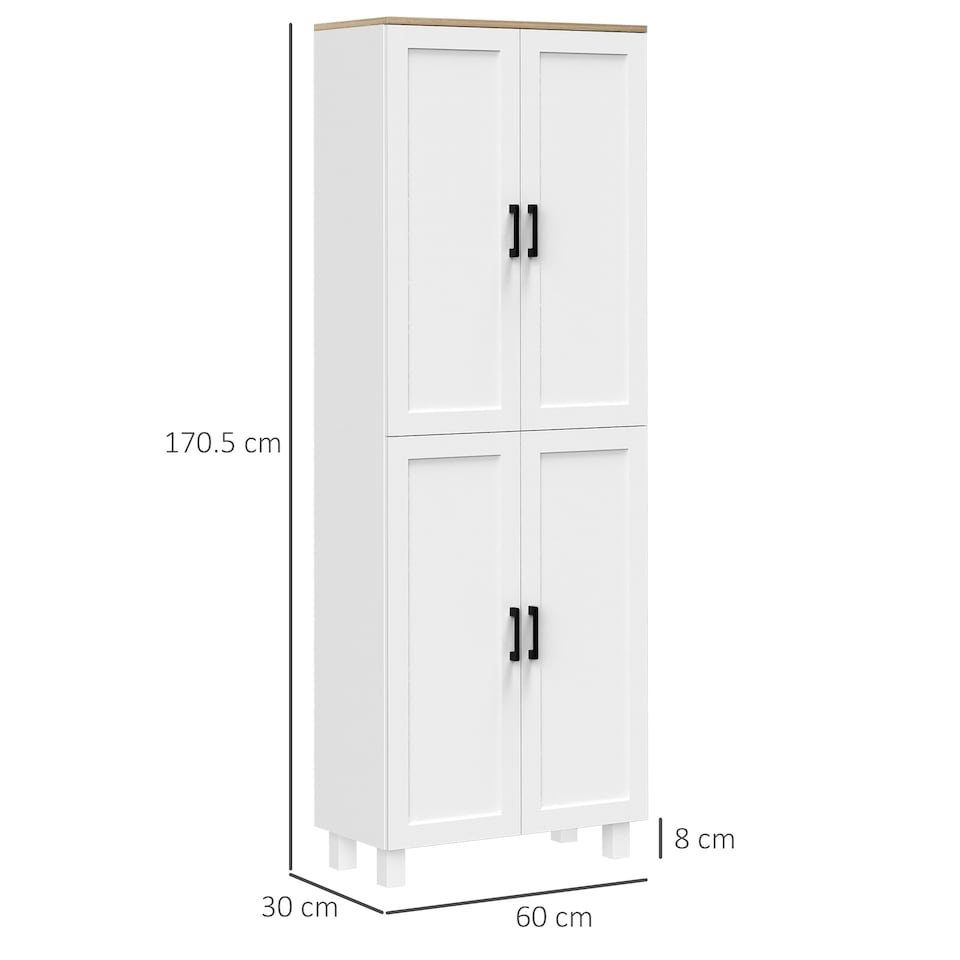 image 1 of HOMCOM Freestanding Kitchen Cupboard, 4-Door Storage Cabinet with Adjustable Shelves, Modern Kitchen Pantry for Dining Room, 170cm, White