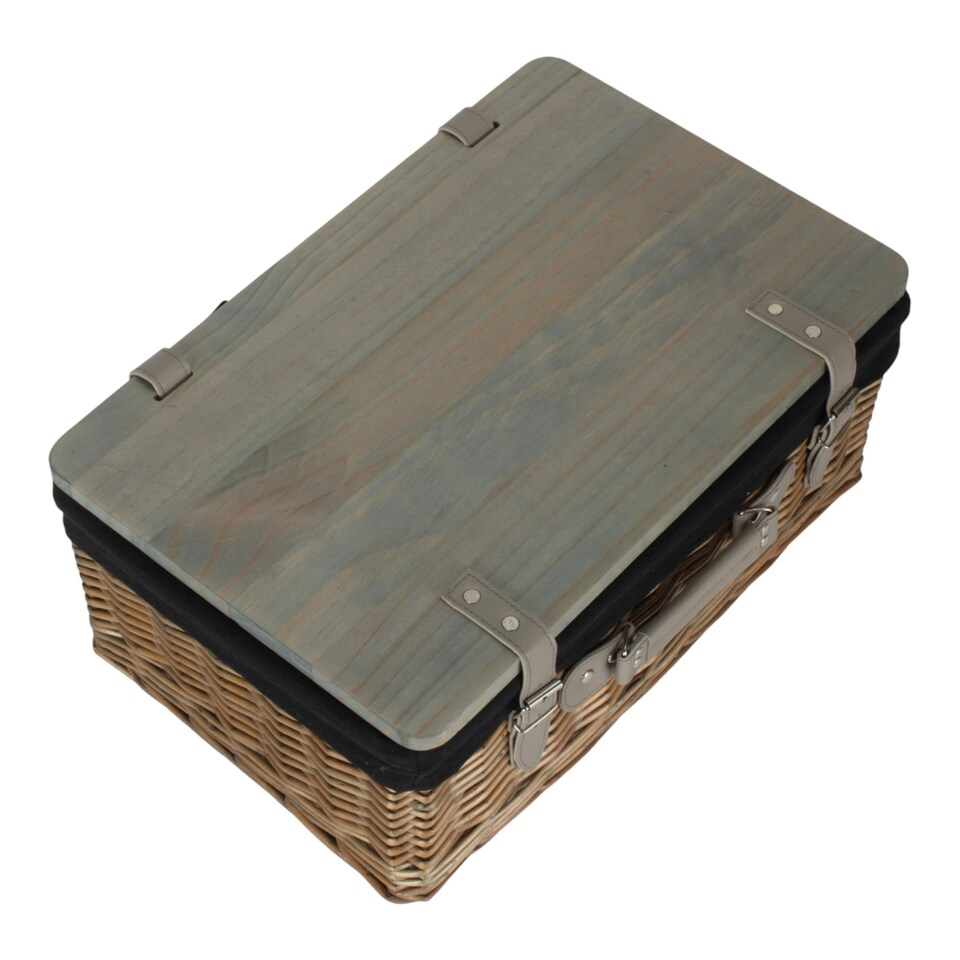 image 1 of 51cm Antique Wash Black Lined Willow Empty Picnic Basket with Pinewood Lid | Brown | Brown | XL | 1