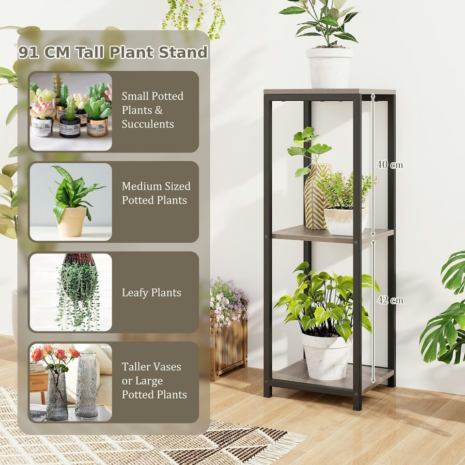 image 1 of COSTWAY 3 Tier Metal Plant Stand Corner Plant Holder Grey