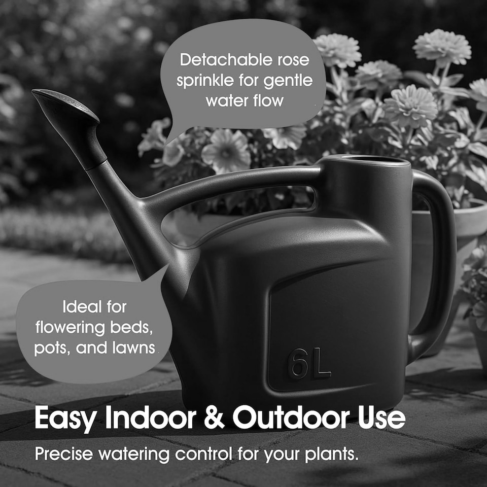 image 1 of 6L Black Watering Can With Detachable Sprinkler Rose