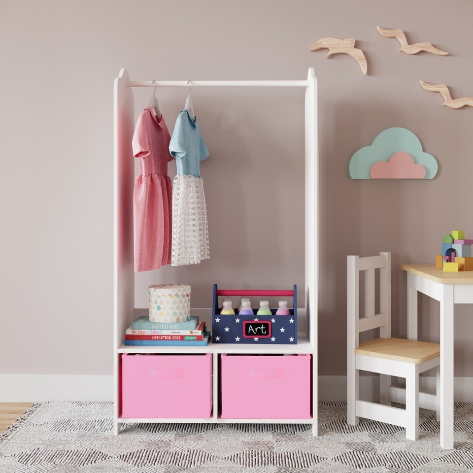 image 1 of Kids MDF Wooden Hanging Clothes Rail Wardrobe Storage Shelves with Inserts Mirror | Pink | Light Pink