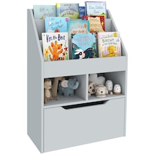 HOMCOM Kids Bookcase, Toy Box w Storage Drawer, Wheels for Bedroom | Grey