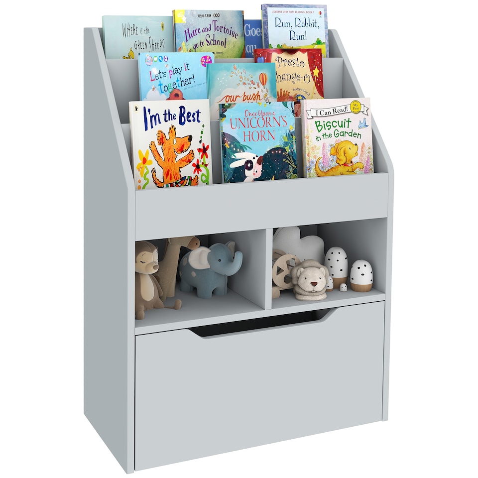 image 1 of HOMCOM Kids Bookcase, Toy Box w Storage Drawer, Wheels for Bedroom | Grey