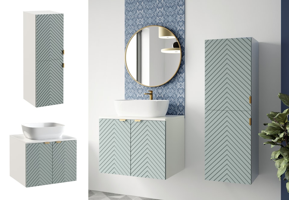 image 1 of Bathroom Wall Units Furniture Set Green 60cm Vanity Countertop Sink Tallboy Cara