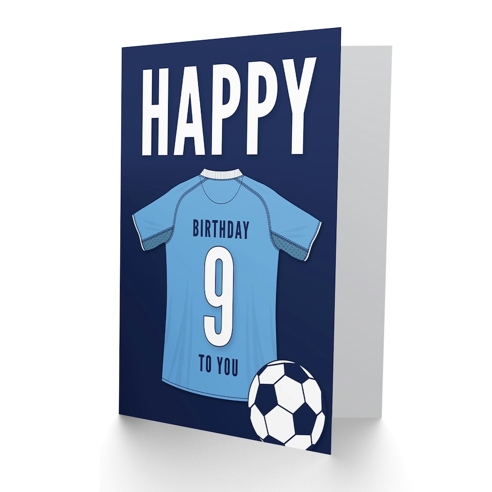 image 1 of Football Strip Kit Sky Top On Dark Age 9 Year Old Child Kids 9th Birthday Card