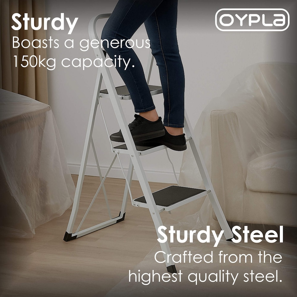 image 1 of Foldable 3 Step Ladder Stepladder Non Slip Tread Safety Steel | White